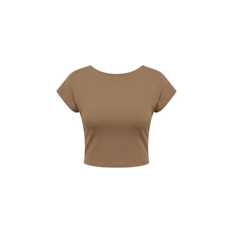 A cropped short-sleeve t-shirt in a solid tan color, displayed on a clean white background.