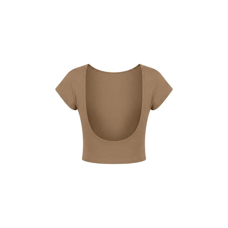 A cropped short-sleeve top with a very large open back, shown from the back on a plain white background.
