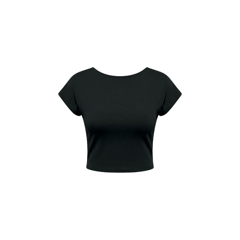 A black short-sleeve crop top with a wide boat neckline, shown flat against a solid white background.