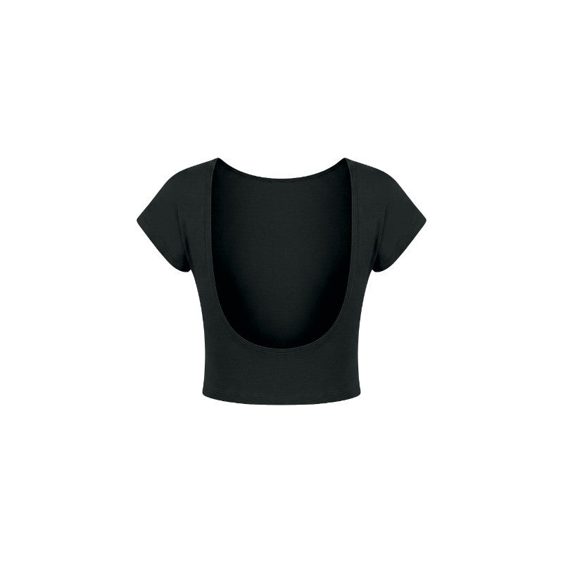 A black short-sleeve crop top with a dramatic scoop neckline, shown from the back on a solid white background.