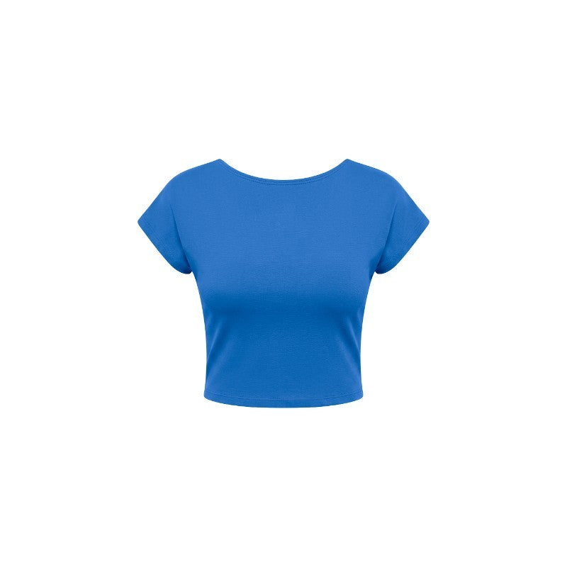 A bright blue short-sleeve crop top with a wide boat neckline, shown flat against a solid white background.