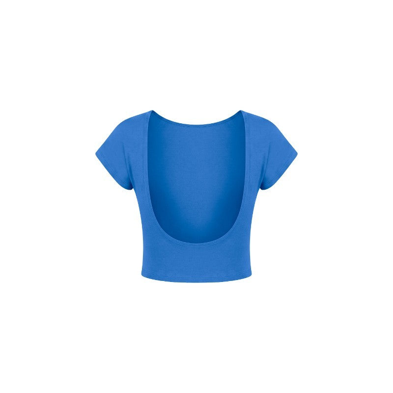 A bright blue short-sleeve crop top with a very large scoop back, shown from the back on a solid white background.