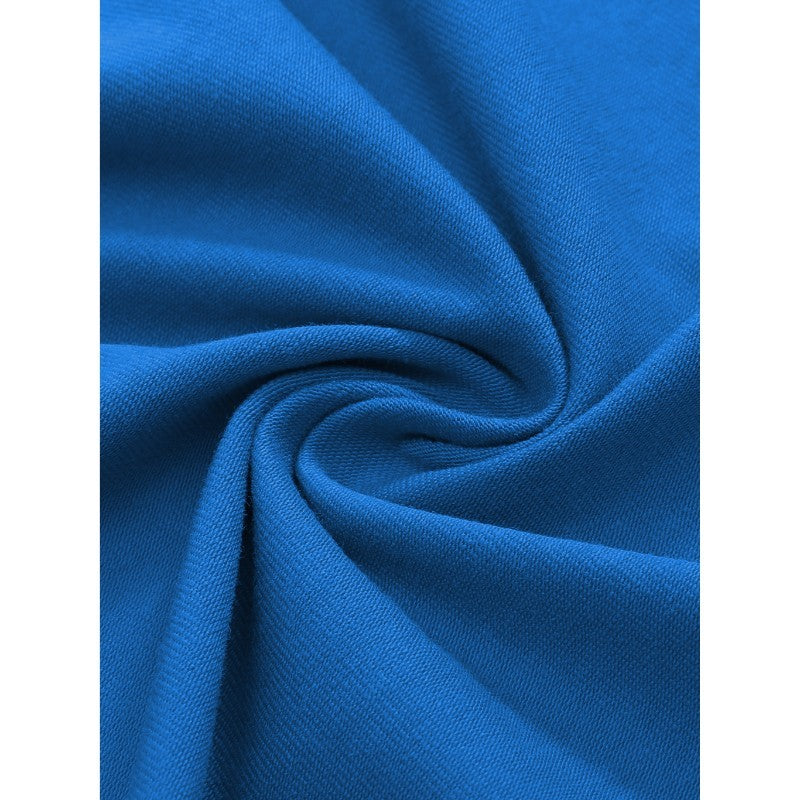 A close-up of bright blue fabric arranged in a spiral drape, showing the material texture and color.