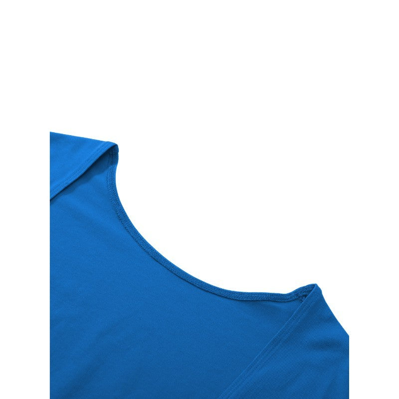 Close-up of a bright blue garment, showing the neckline and folded sleeve edge against a plain white background.