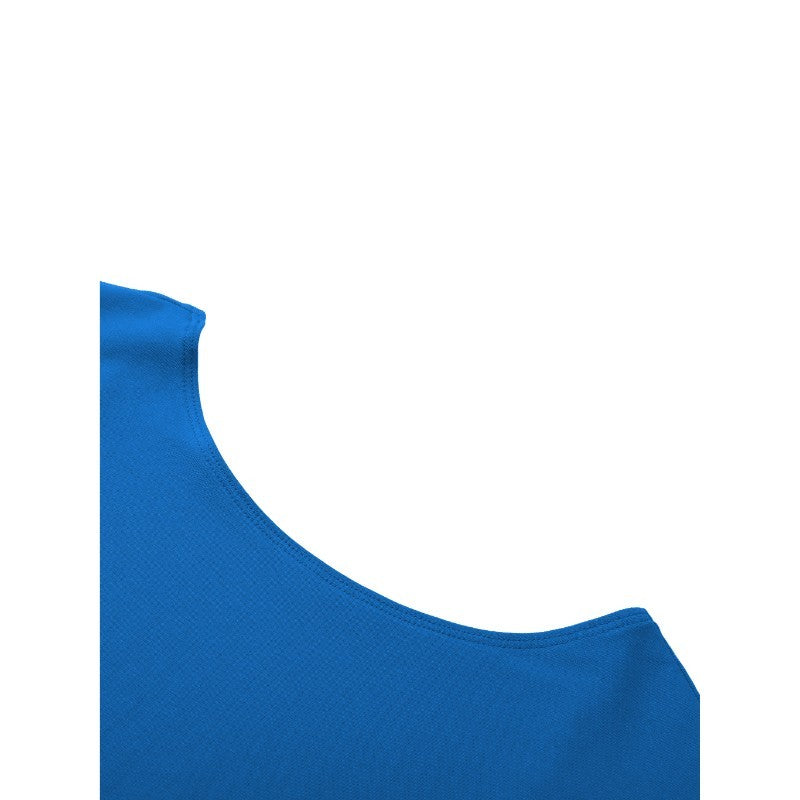 Close-up of a bright blue sleeveless top's neckline on a plain white background.