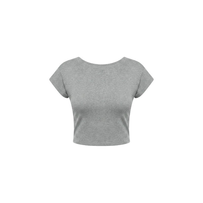 A light gray heather short-sleeve crop top with a wide boat neckline, shown against a plain white background.