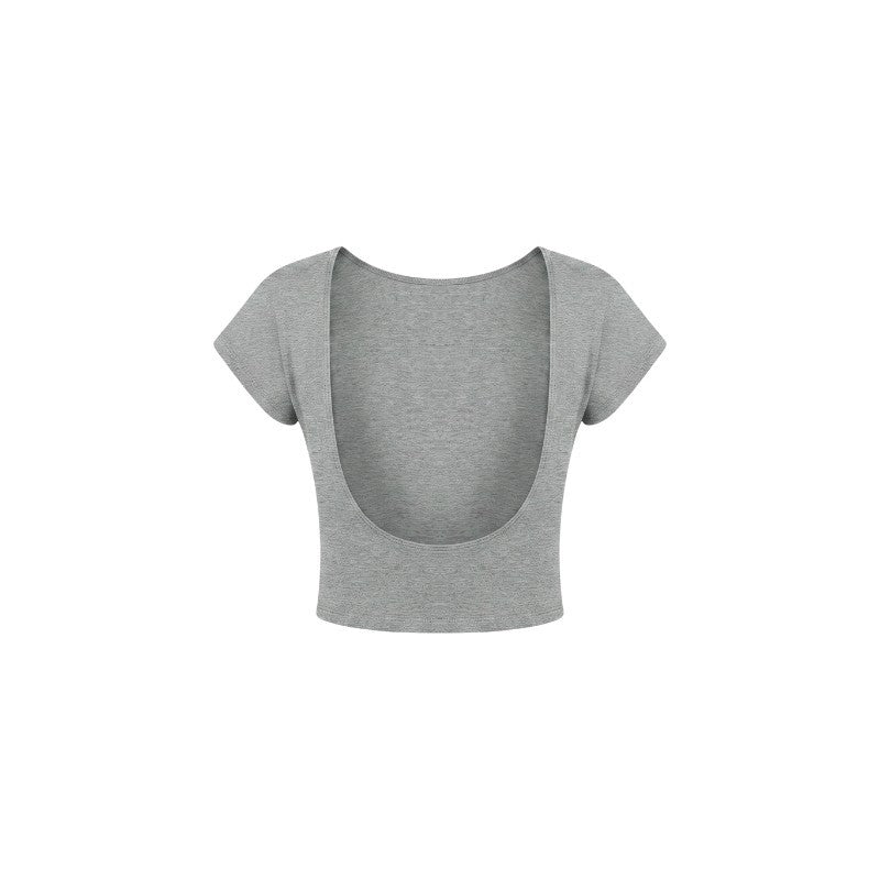 A heather gray short-sleeve crop top with a very large open back, shown from the back on a plain white background.