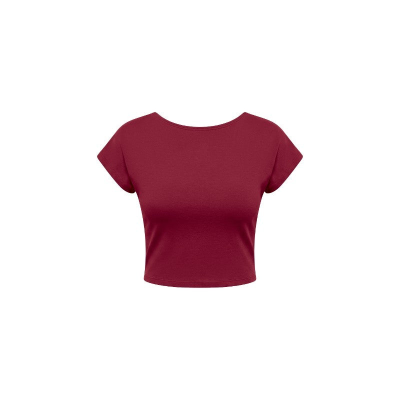 A short-sleeve crop top in a solid deep burgundy red, displayed on a clean white background.