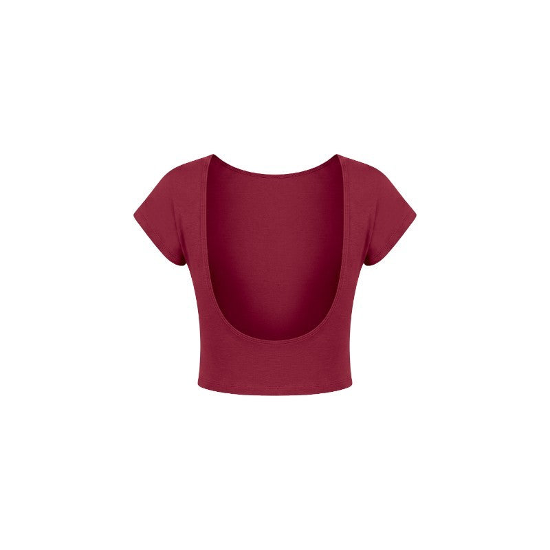 A short-sleeve crop top with a very large, deep scoop back, shown in a solid deep burgundy color on a plain white background.
