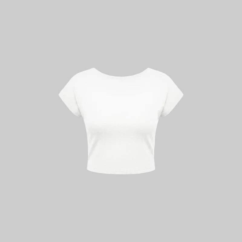 A plain white short-sleeve crop top with a wide boat neckline, shown against a solid white background.