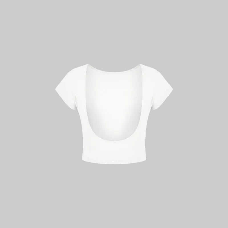 A white short-sleeve crop top with a large scoop neckline, shown from the back on a solid white background.