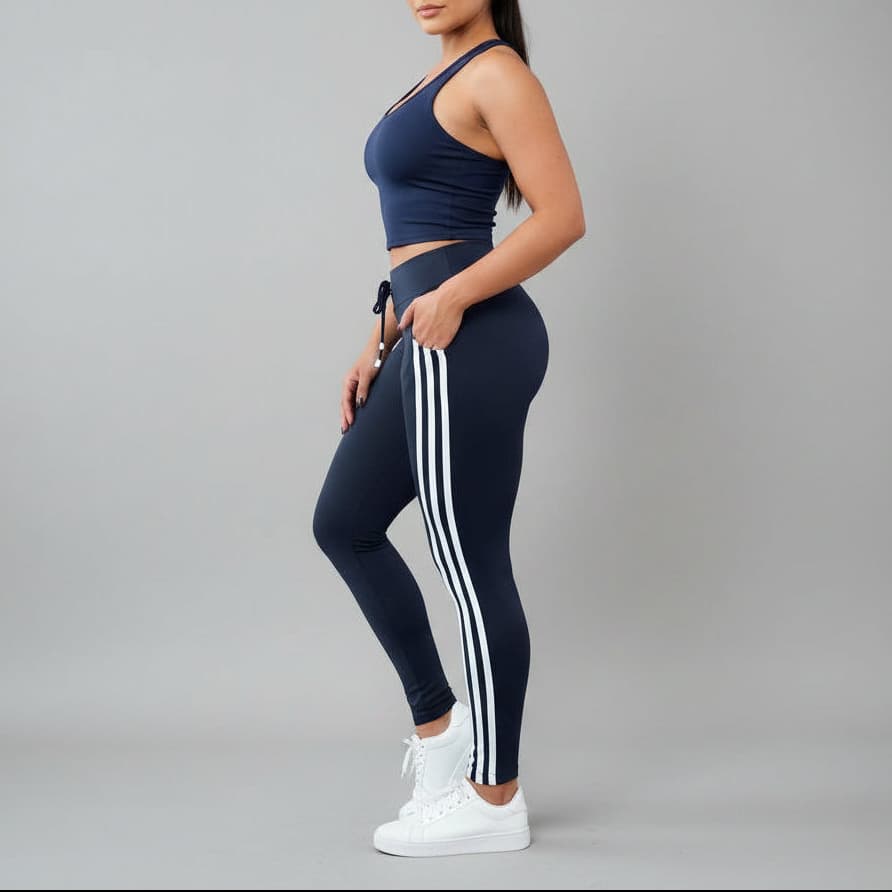 Person wearing a navy sports bra and leggings with white stripes on a gray background