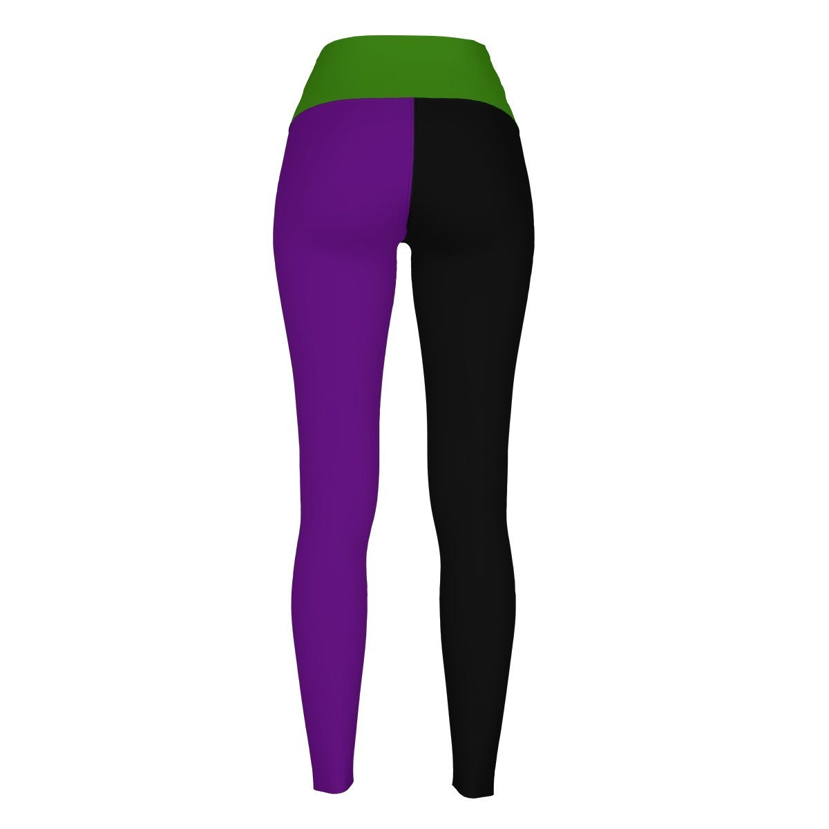 Multicolored leggings with green, purple, and black sections on a white background