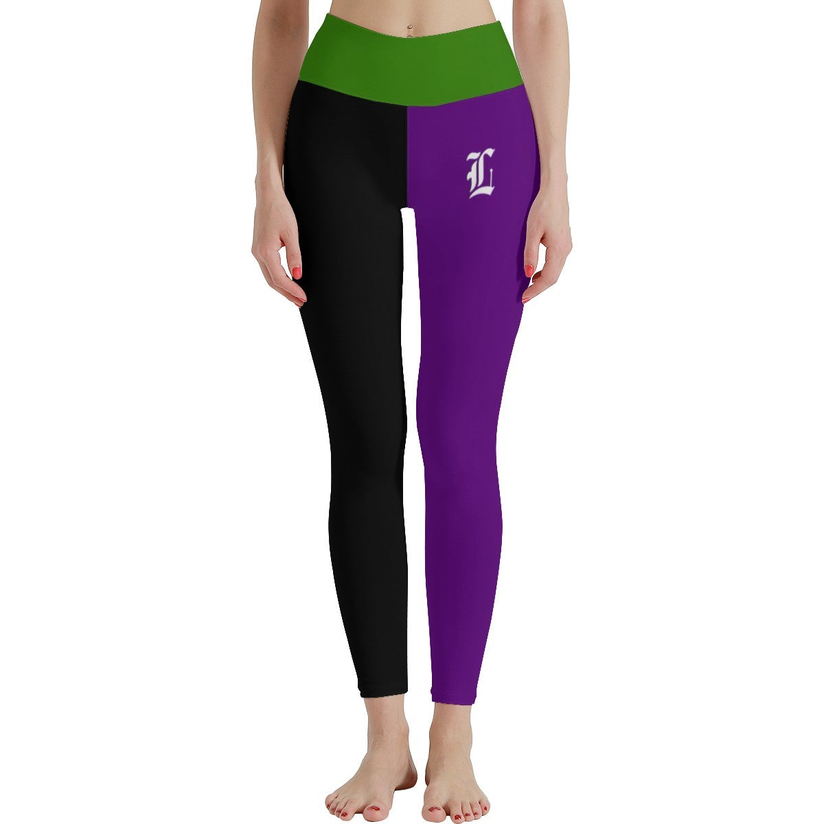 Leggings with black and purple design on a white background