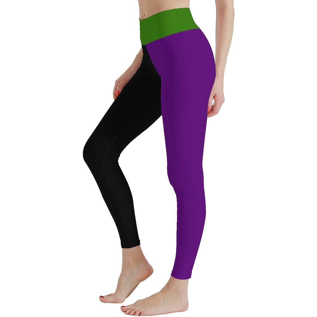 Purple and black leggings with green waistband on a white background