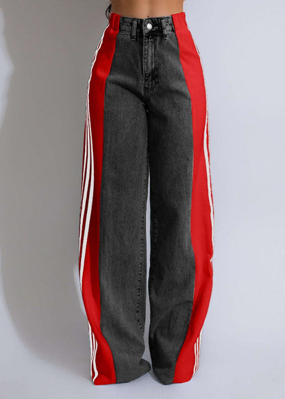 Women's Striped High Waist Straight Leg Denim Pants-black-and-red