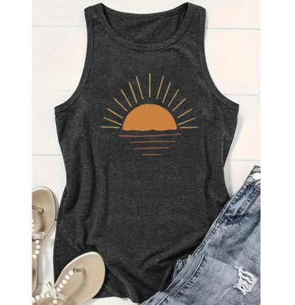 Dark gray tank top with a sun graphic on a white surface with denim shorts and shoes.