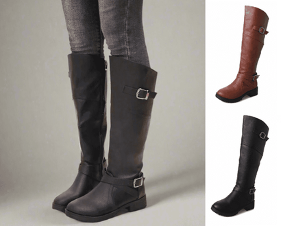 A person wearing knee-high black leather boots with buckles over gray jeans. On the right, separate images show the boots in brown and black.