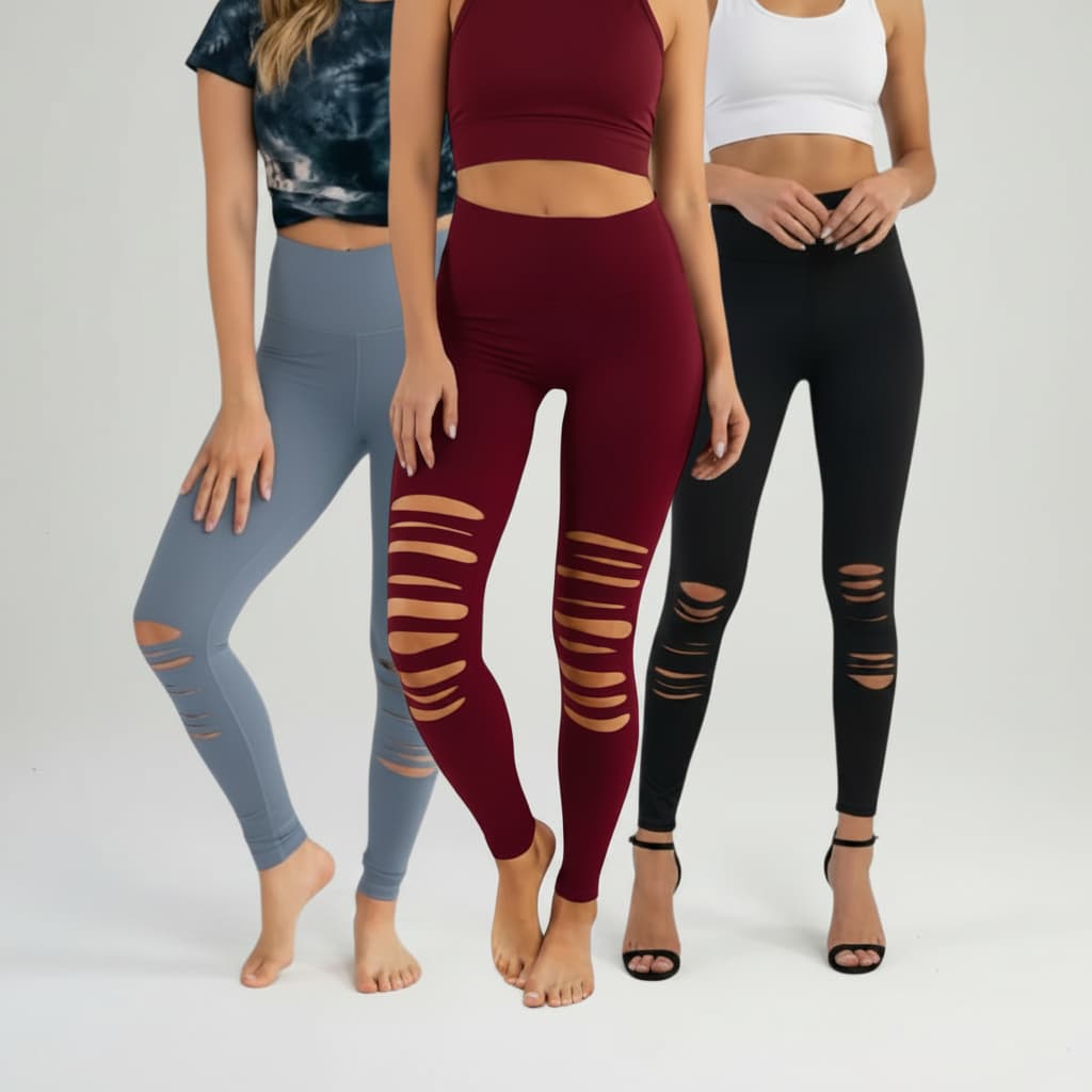 Three women modeling cutout leggings in different colors
