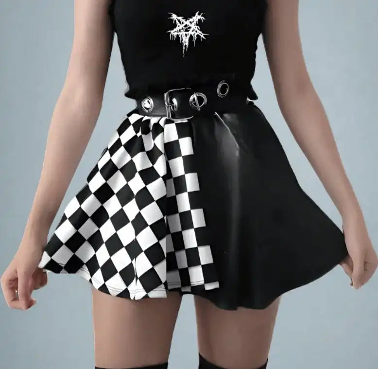 black Dual-Tone Short Checkered A-Line Skirt - Lunacy Deals & Designs