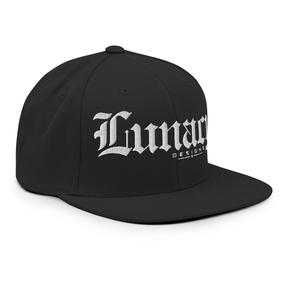Black flat-brimmed cap with white text on a white background