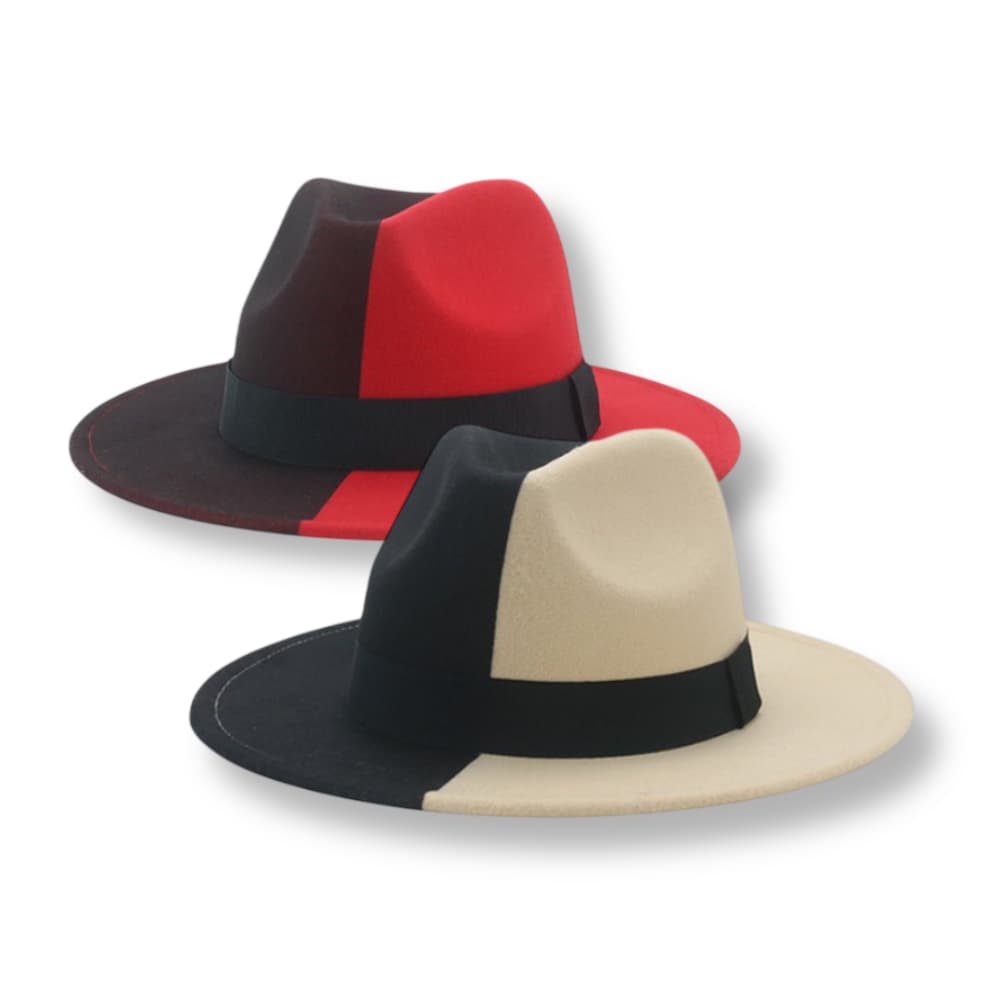Two fedora hats, one black and red, the other black and beige, on a white background.