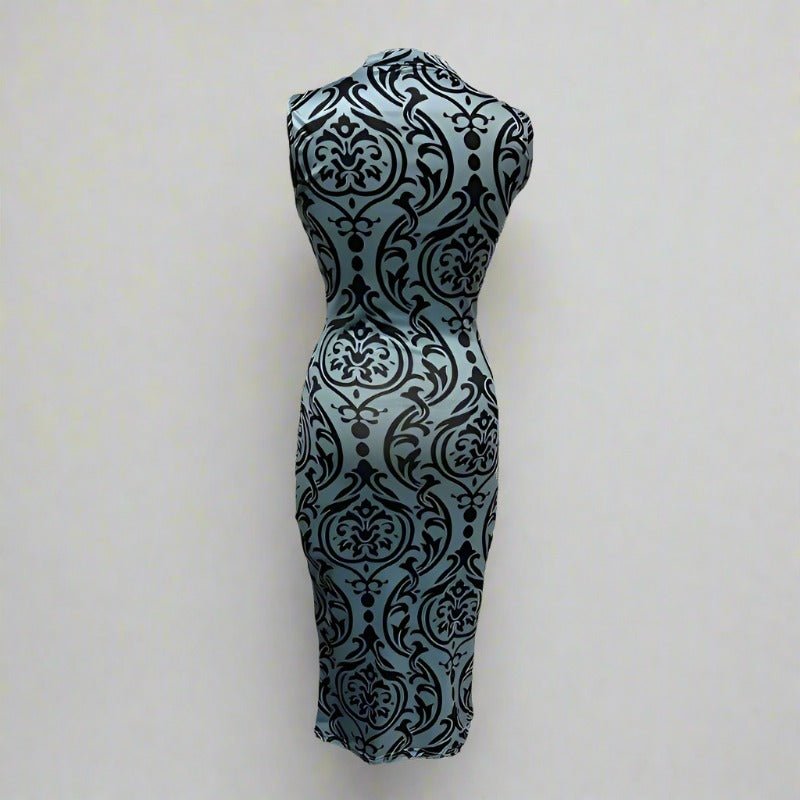 The back of a blue, high-neck, sleeveless, damask-print midi dress