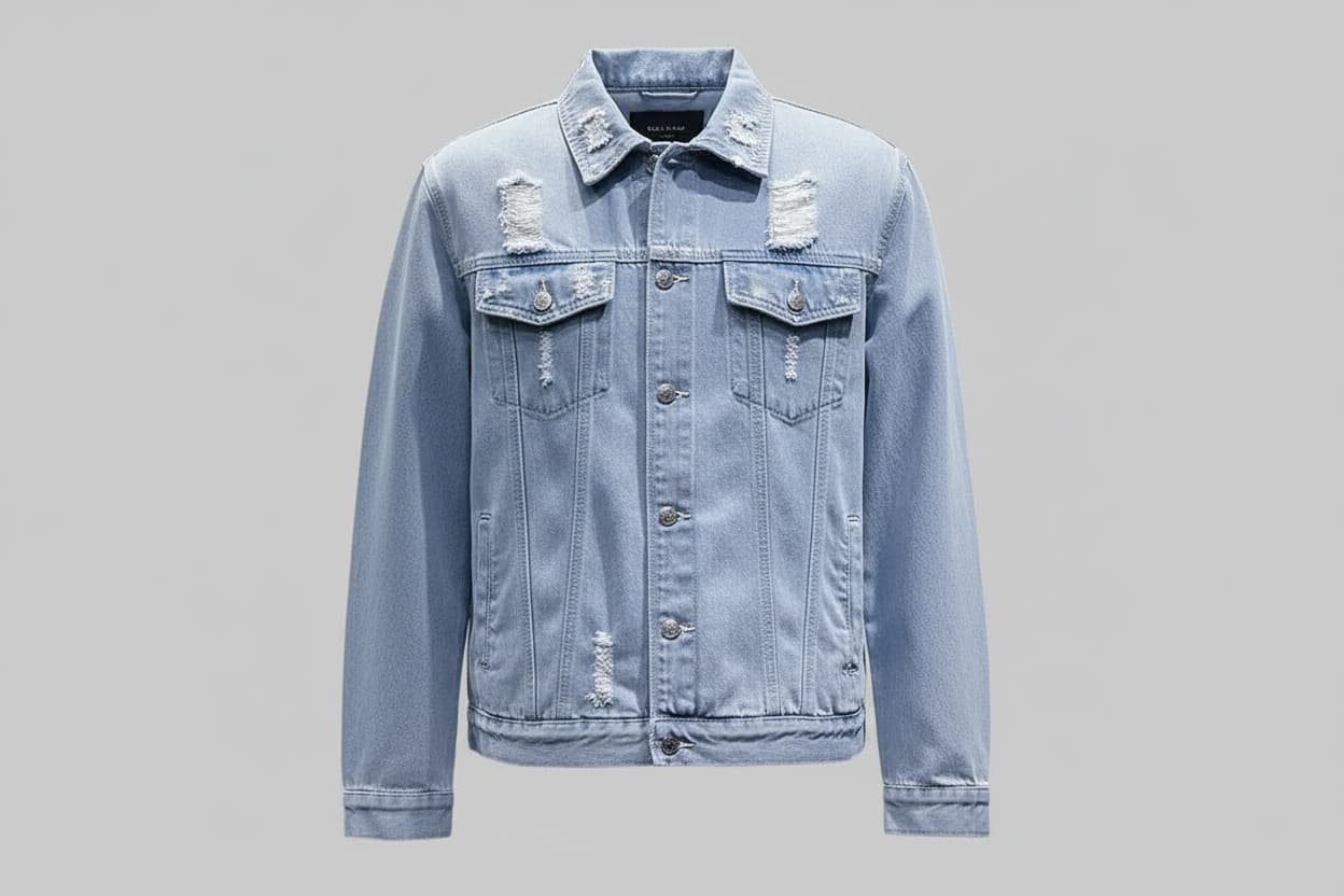 Light blue denim jacket with distressed details on a gray background