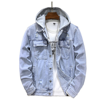 Men's Detachable Hooded Denim Jacket in blue displayed against a white background.