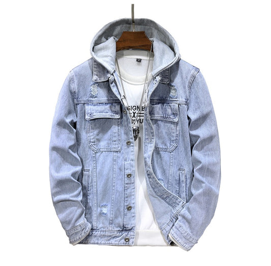 Men's Detachable Hooded Denim Jacket in blue displayed against a white background.