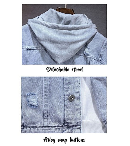 Denim jacket with detachable hood and alloy snap buttons on a white background