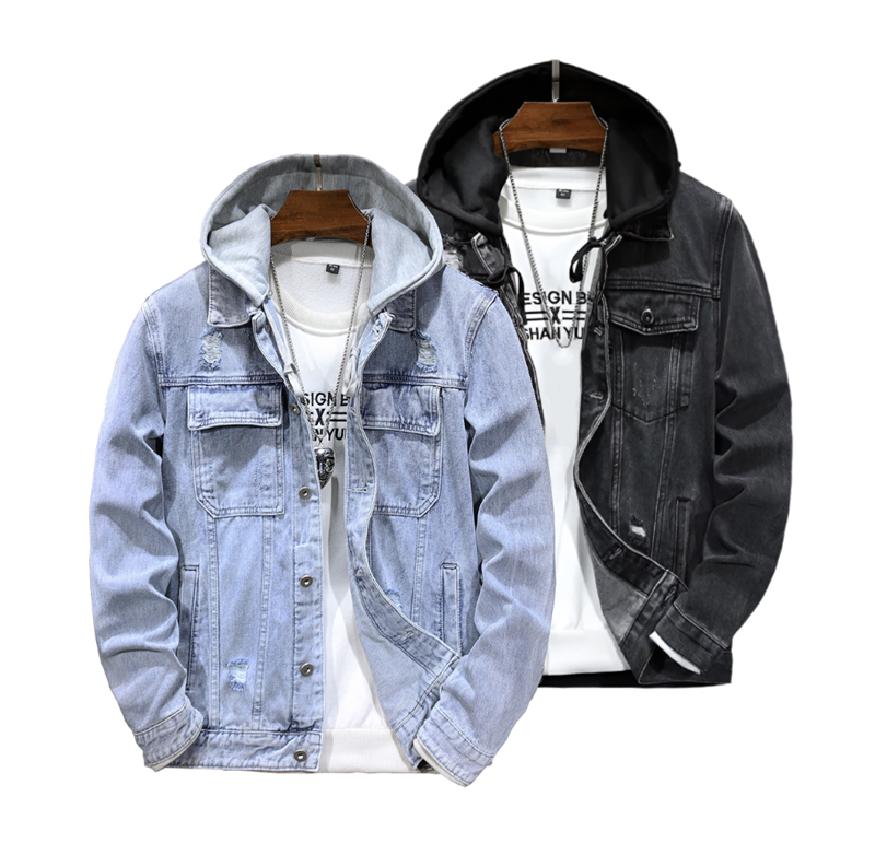 Two Men's Detachable Hooded Denim Jackets, one in blue and one in black, displayed against a white background, each with a wooden hanger and a white t-shirt underneath.