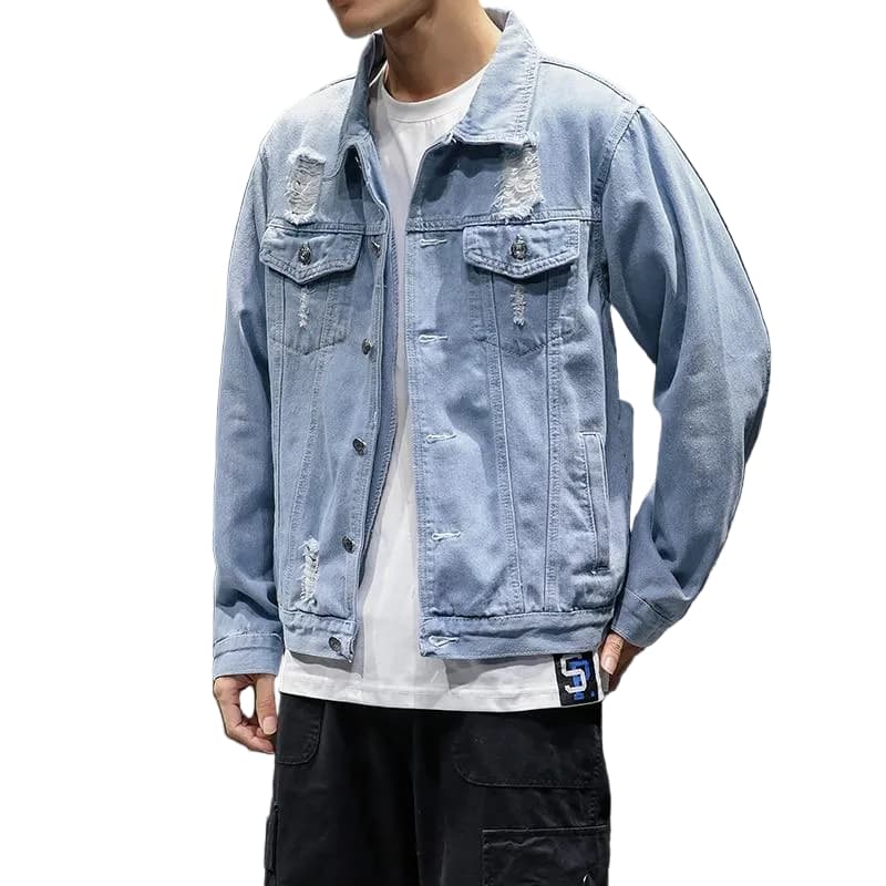 Light blue denim jacket with distressed details on a white background