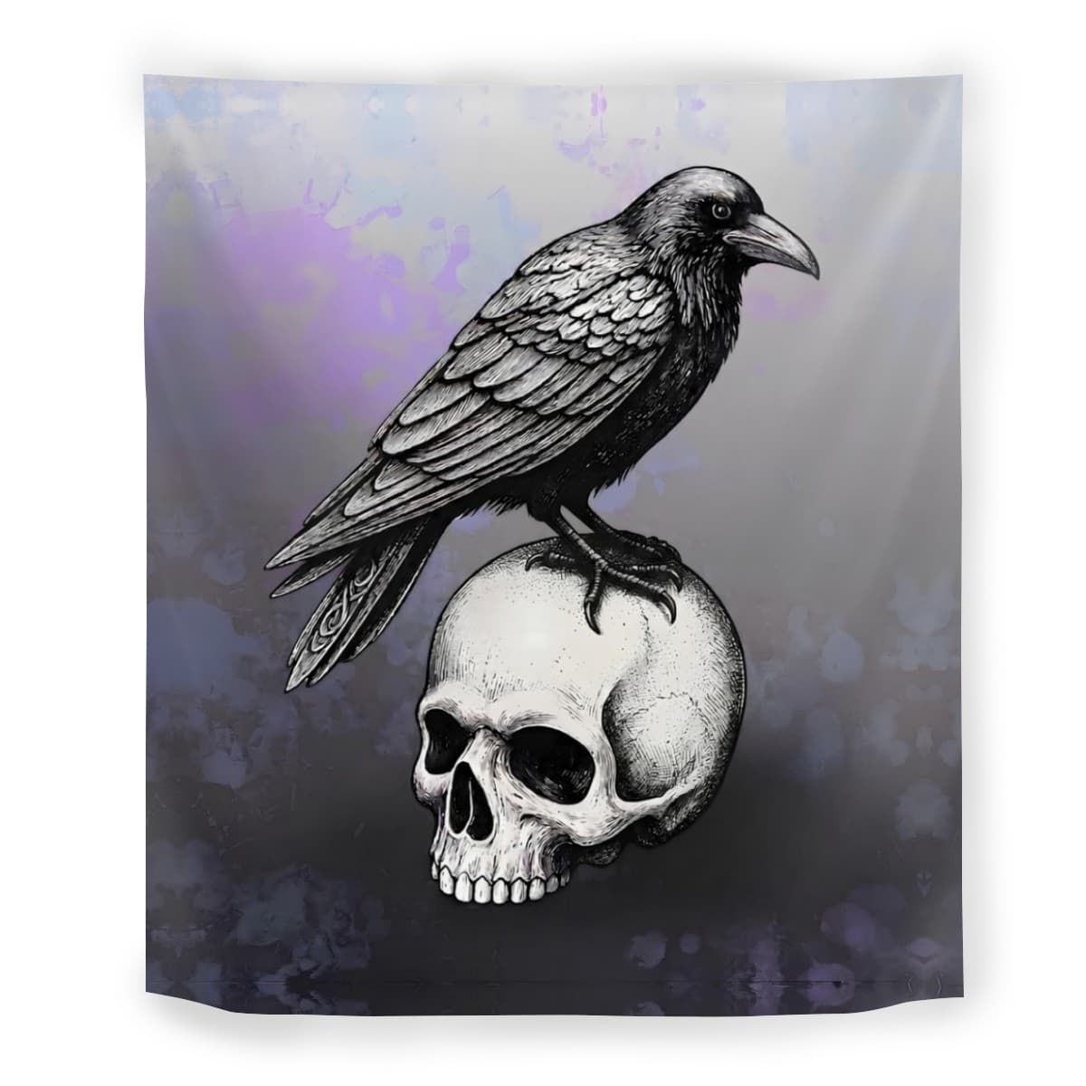 A square wall tapestry featuring a detailed black and white illustration of a raven perched on a human skull, set against a textured gray and purple background.