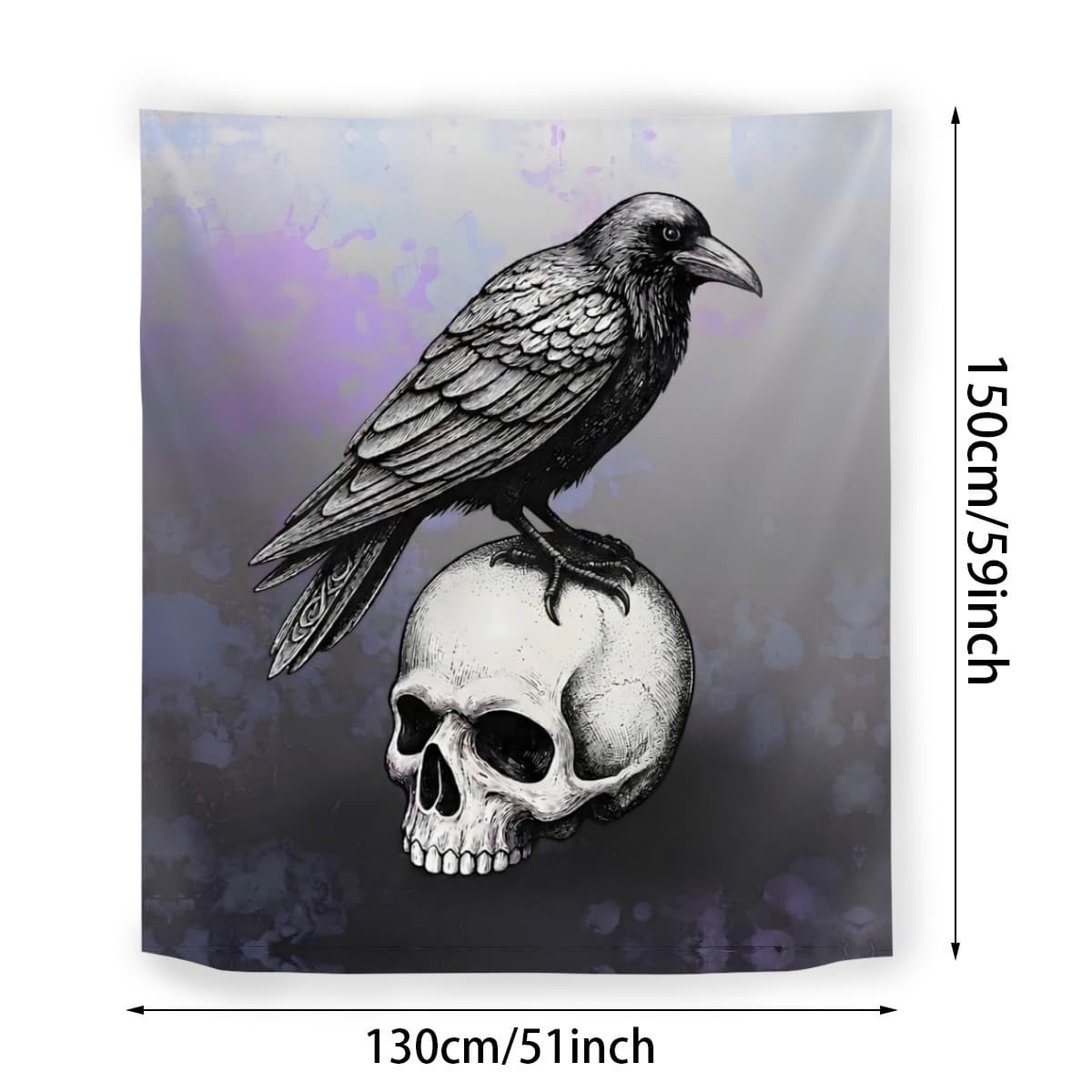 A square wall tapestry featuring a detailed black and white illustration of a raven perched on a human skull, set against a smoky gray and purple background. The tapestry is shown with dimension lines indicating a width of 130cm (51 inches) and a height of 150cm (59 inches).