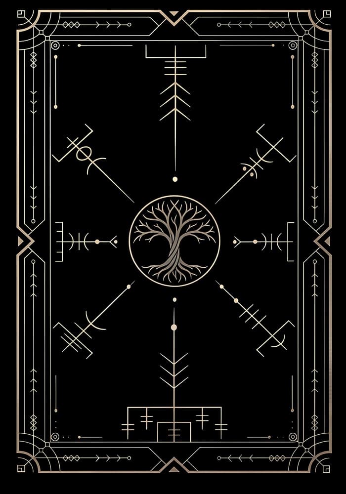 Decorative design with tree of life symbol and runic elements on a black background