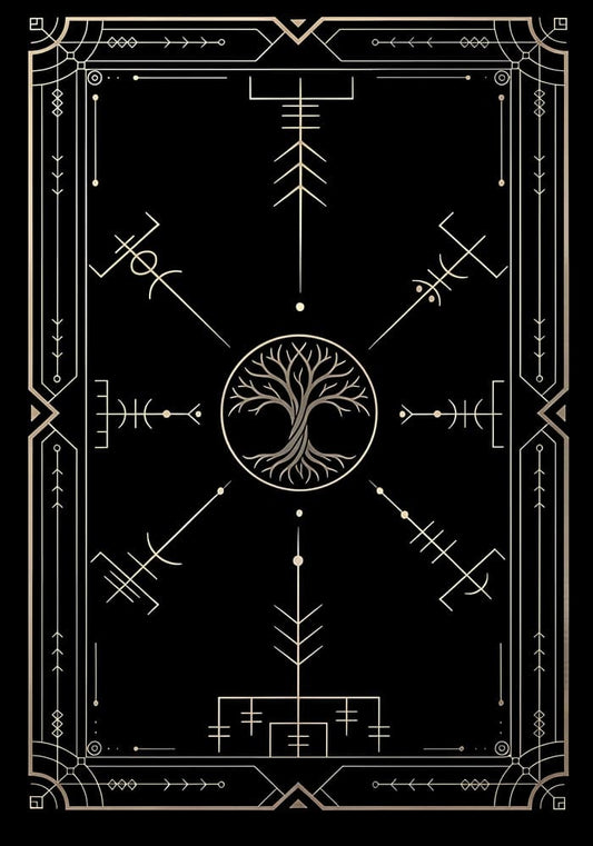Decorative design with tree of life symbol and runic elements on a black background