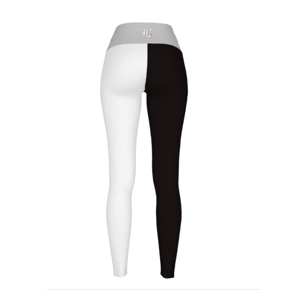 Black and white leggings with a gray waistband on a white background